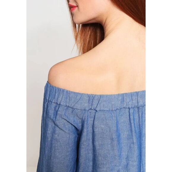 Free People Off The Shoulder Light Denim Blouse Womens Size Medium Boho Hippie - Picture 4 of 13